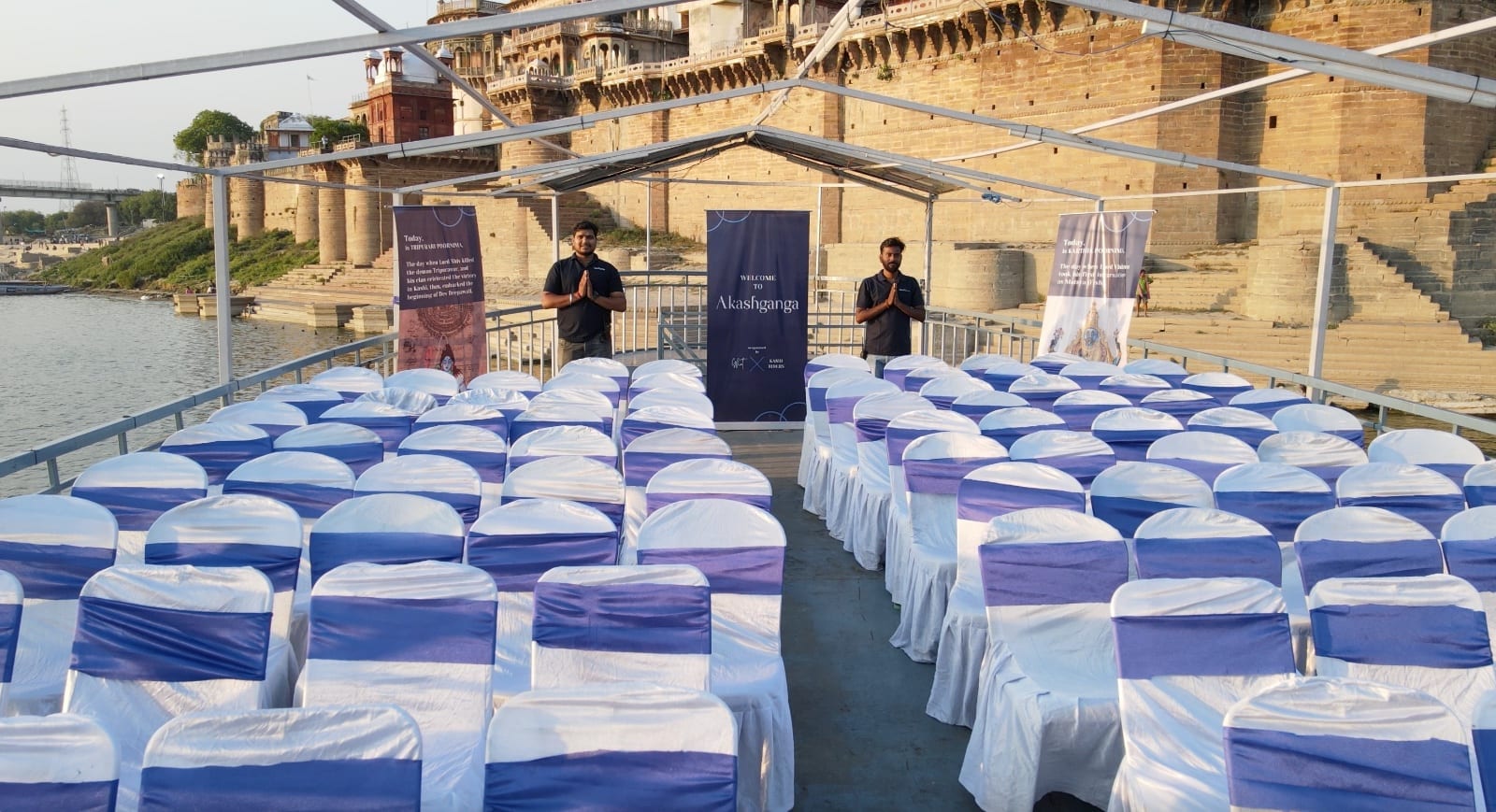 The cruise deck set for boarding at the fort's private ghat